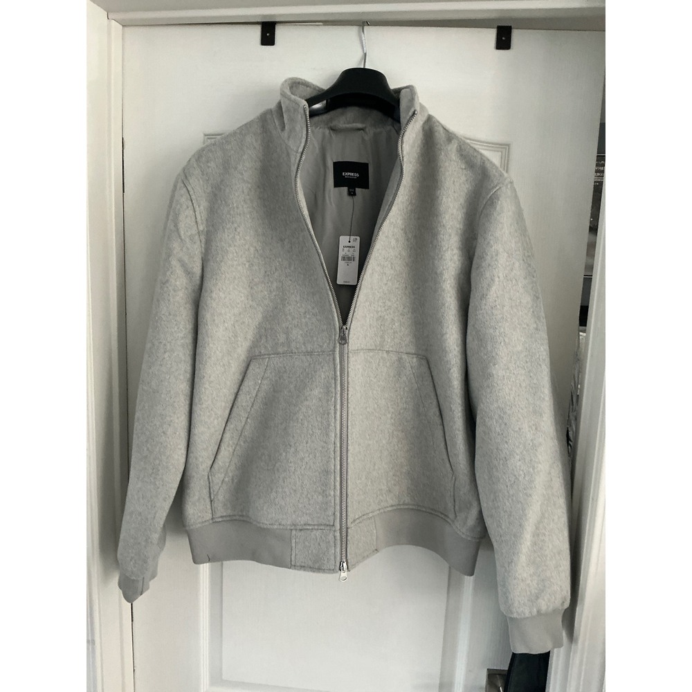 Express Mens Wool Blend Bomber Jacket Light Gray Full Zip Mock Neck XL NEW